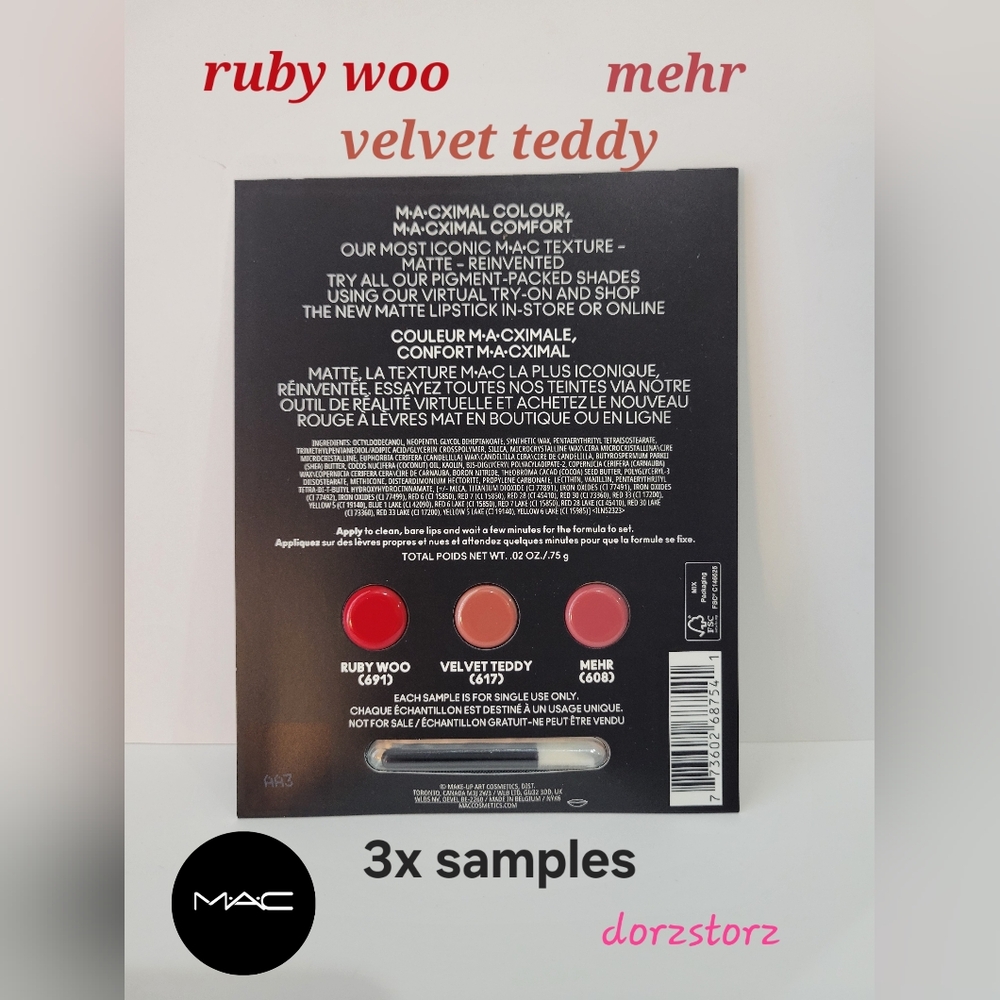 3x MAC Lipstick Mini Set • RUBY WOO • VELVET TEDDY • MEHR • Samples •New in box